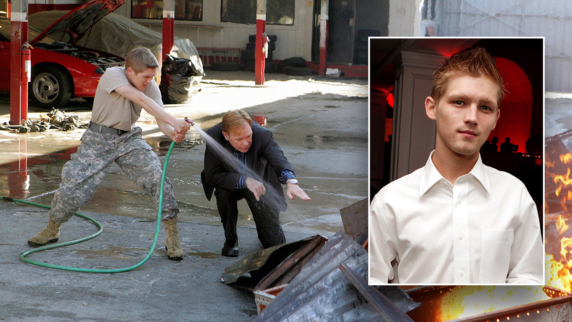 Evan Ellingson and David Caruso in scene from CSI Mimai inset with Evan Ellingson photo