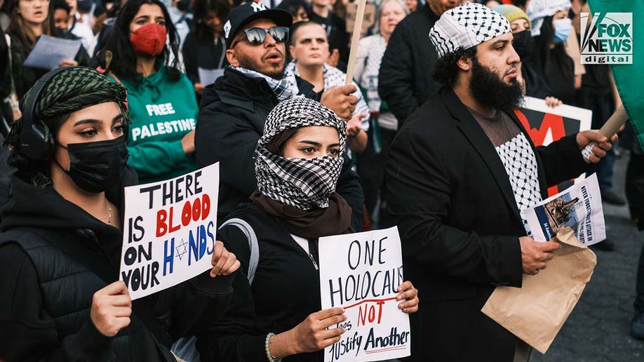 Pro-Palestine protestors carrying signs gather at Union Square in New York City