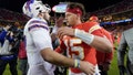 Buffalo Bills quarterback Josh Allen, left, and Kansas City Chiefs quarterback Patrick Mahomes (15) shake hands following an NFL football game Sunday, Dec. 10, 2023, in Kansas City, Mo.