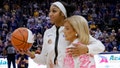 Nov 30, 2023; Baton Rouge, Louisiana, USA; LSU Lady Tigers head coach Kim Mulkey hugs LSU Lady Tigers forward Angel Reese (10) for her 1000th rebound before a game against the Virginia Tech Hokies at Pete Maravich Assembly Center.