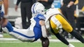 Indianapolis Colts wide receiver Michael Pittman Jr. (11) collides with Pittsburgh Steelers safety Damontae Kazee (23) on Saturday, Dec. 16, 2023, during a game against the Pittsburgh Steelers at Lucas Oil Stadium in Indianapolis. Pittman Jr. left the field after the play.