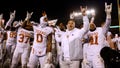 Steve Sarkisian head coach of the Texas Longhorns celebrates with his team and Texas Longhorns fans after winning 26-16 over the Iowa State Cyclones at Jack Trice Stadium on November 18, 2023 in Ames, Iowa. The Texas Longhorns won 26-16 over the Iowa State Cyclones.