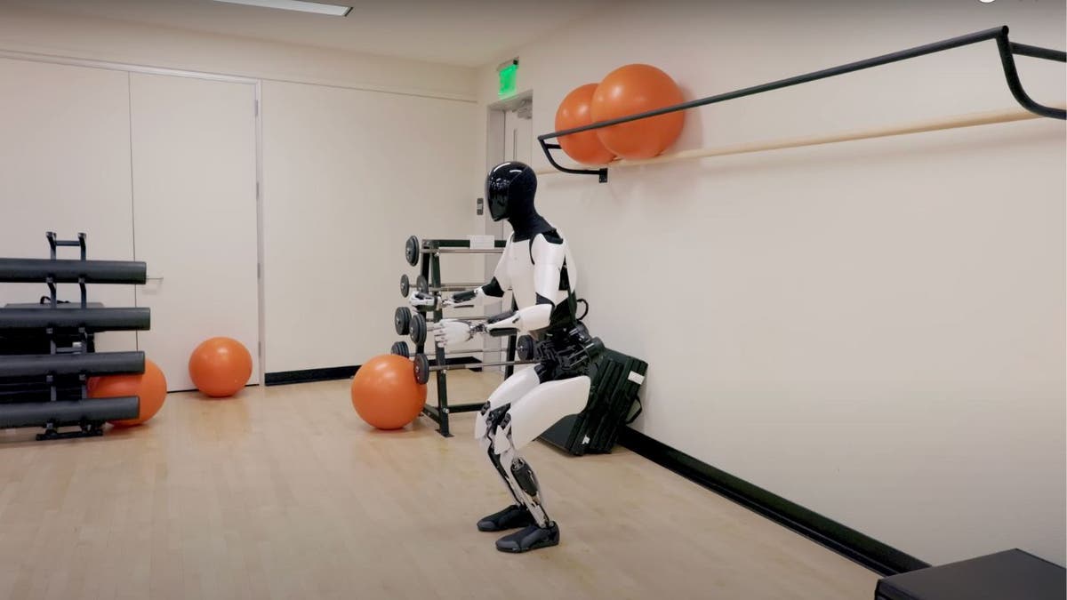 tesla robot 3 squatting in gym