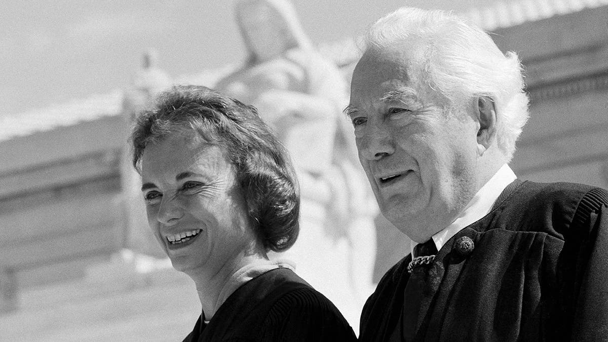A black-and-white photo of Sandra Day O'Connor, Burger