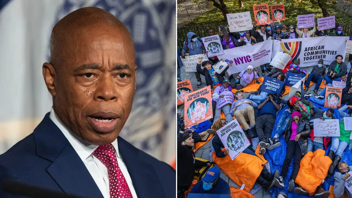 New York City Mayor Eric Adams and migrant protest split image