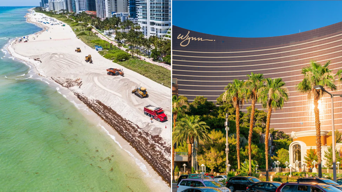 Miami beach and Las Vegas hotel split image