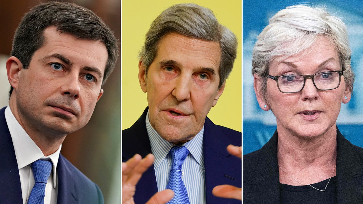 Transportation Secretary Pete Buttigieg, left, and Energy Secretary Jennifer Granholm, right, were among those who were questioned on the administrations decision to send a U.S. delegation led by John Kerry to the ongoing UN climate summit.