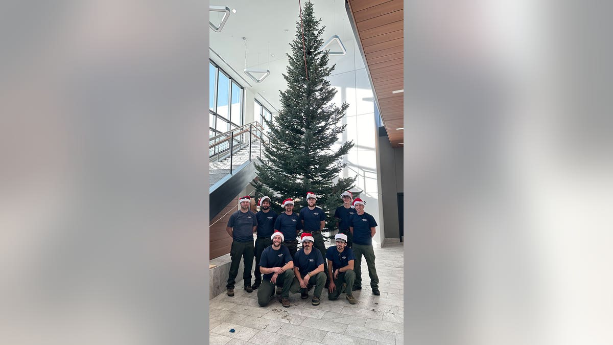 Group of men pose near tree