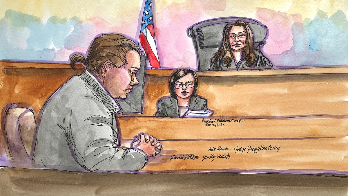An illustration of David DePape in court