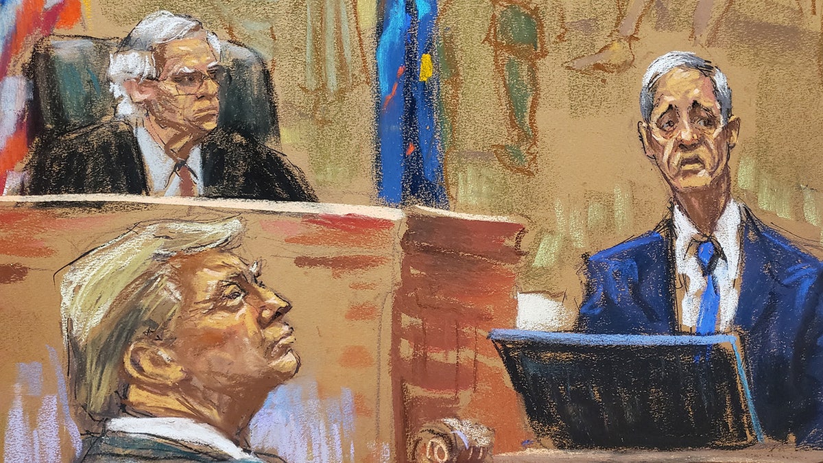 A court sketch depicts attorney Jesus Suarez questioning Eli Bartov as former president Donald Trump and Judge Arthur Engoron look on