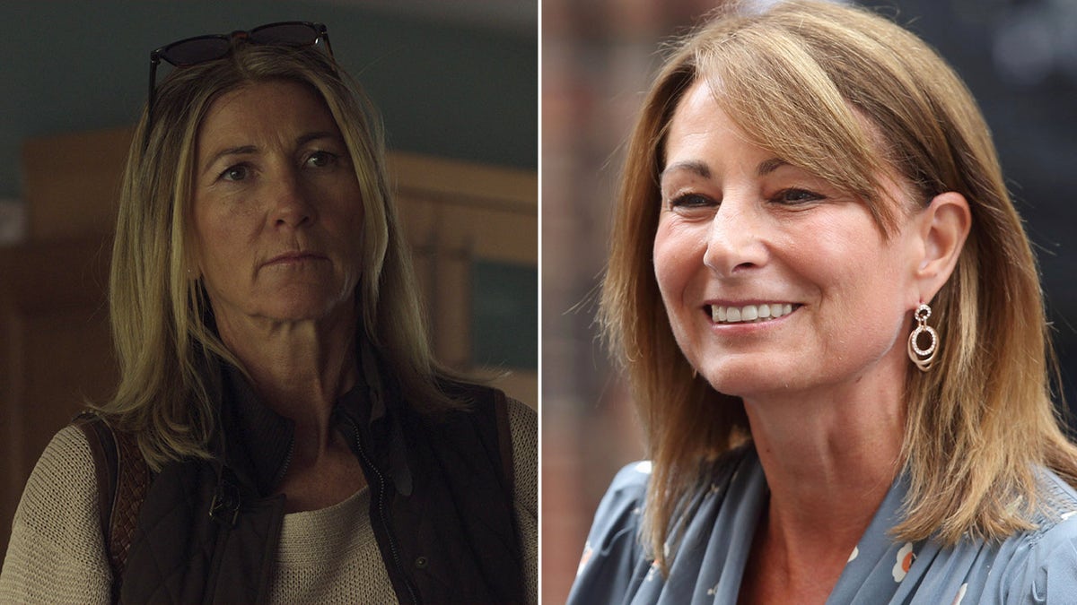 Eve Best as Carole Middleton side by side a real photo of Carole Middleton