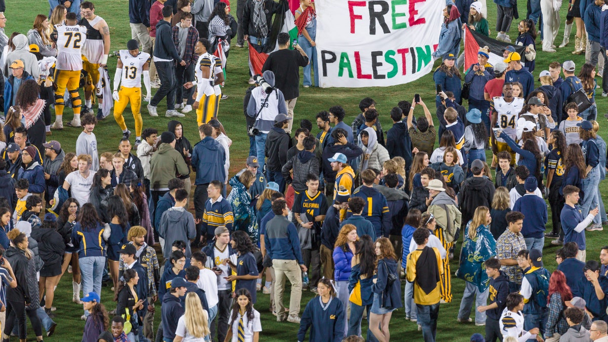 Protesters hold a Free Palestine banner at a UC Berkeley fotball game