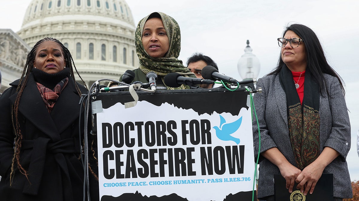 Ilham Omar speaks at ceasefire presser in front of Capitol