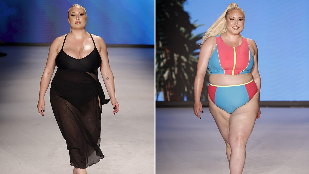 A side-by-side split of Hayley Hasselhoff on the runway