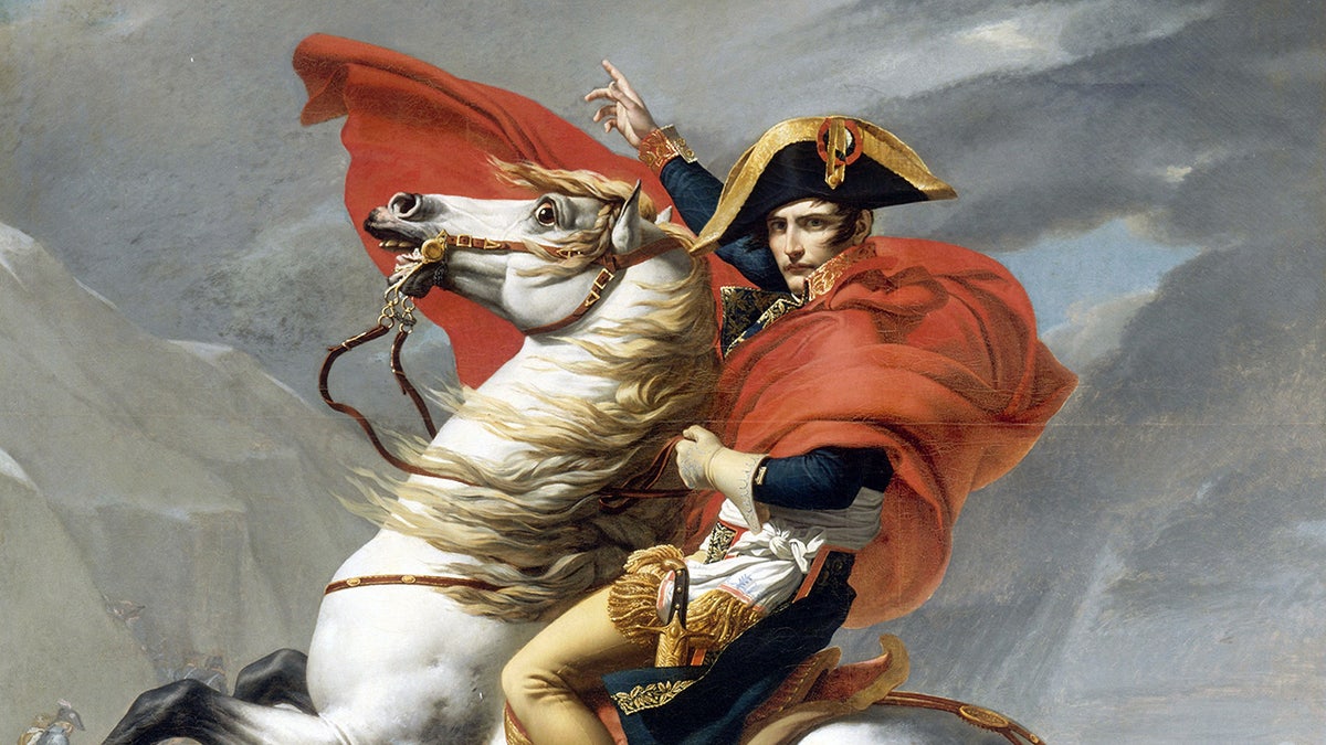 A portrait of Napoleon Bonaparte on a white horse