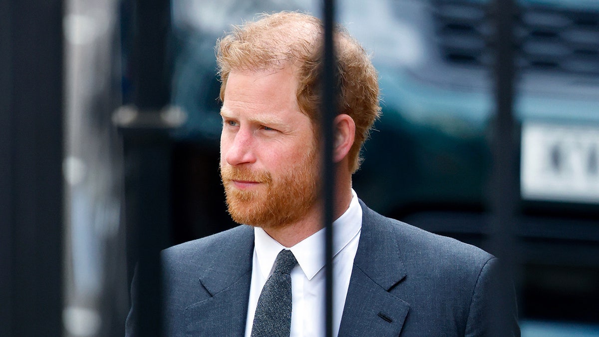 A side profile of Prince Harry wearing a navy suit and tie