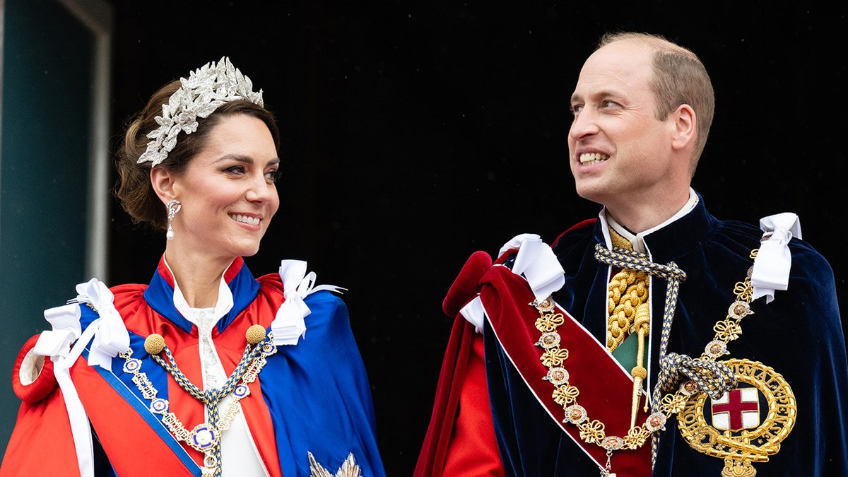 A close-up of Kate Middleton and Prince William in formal wear during King Charless coronation