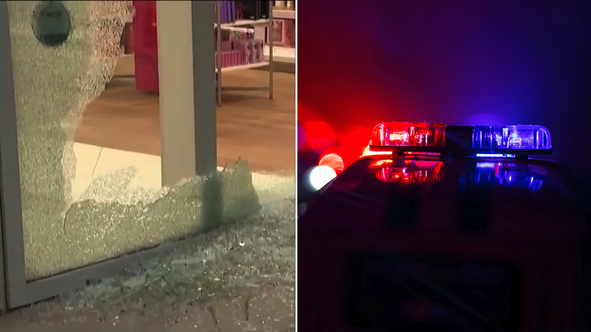 Broken glass and police lights split image