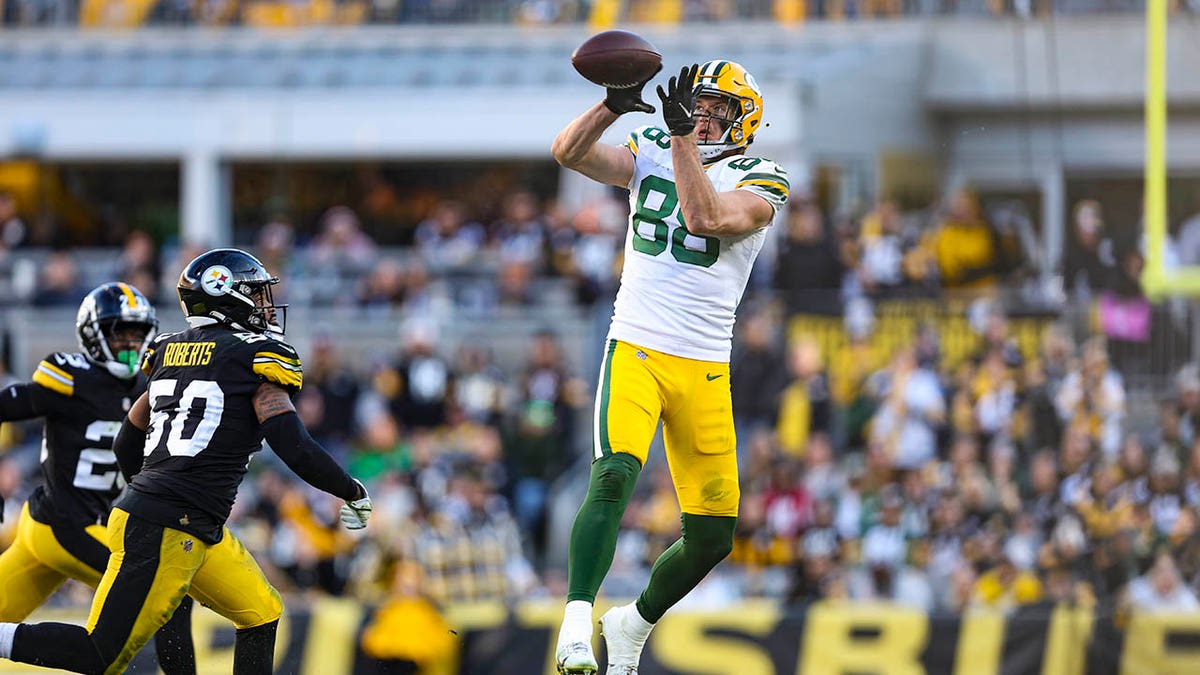 Luke Musgrave makes a catch during an NFL game