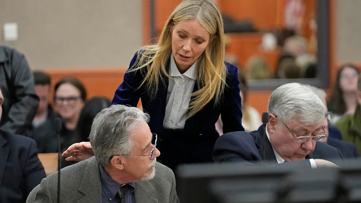 Gwyneth Paltrow speaks with retired optometrist Terry Sanderson in court
