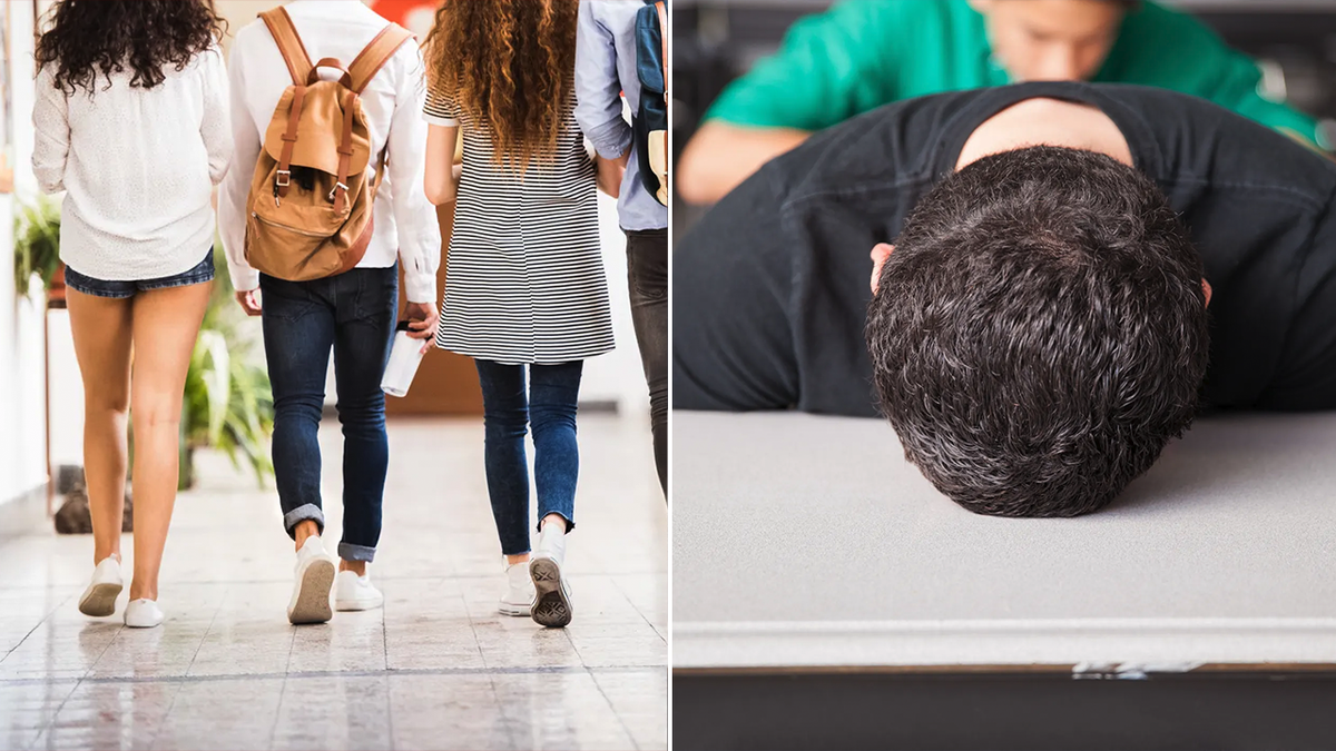 High school students and sleeping student split image