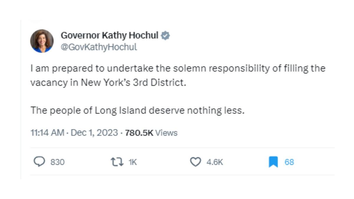 A screenshot of New York Gov. Kathy Hochul's post to X about filling Rep.. George Santos' seat