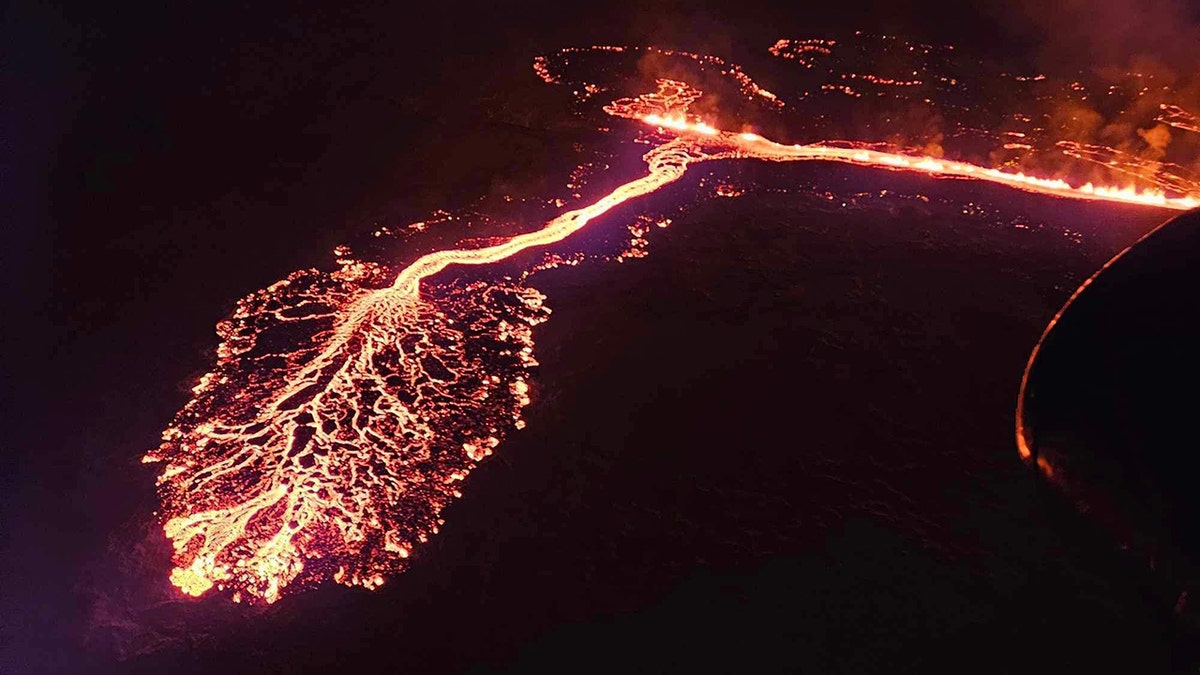 Aerial view of the Iceland volcano eruption and lava flow