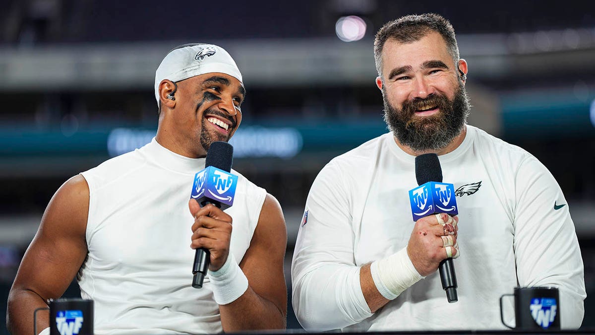 Jalen Hurts and Jason Kelce interviewed after a game