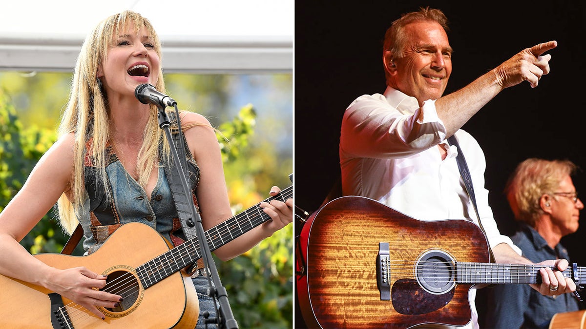 Jewel with a guitar splitscreen with Kevin Costner holding a guitar