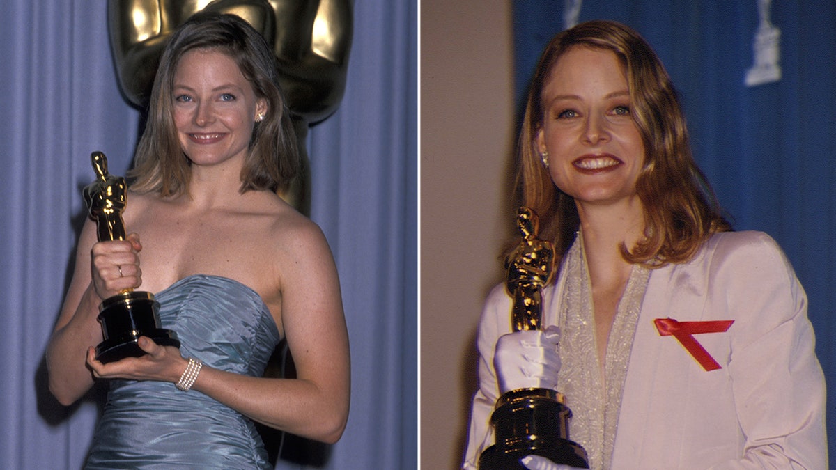 Fotos lado a lado de Jodie Foster segurando seu Oscar