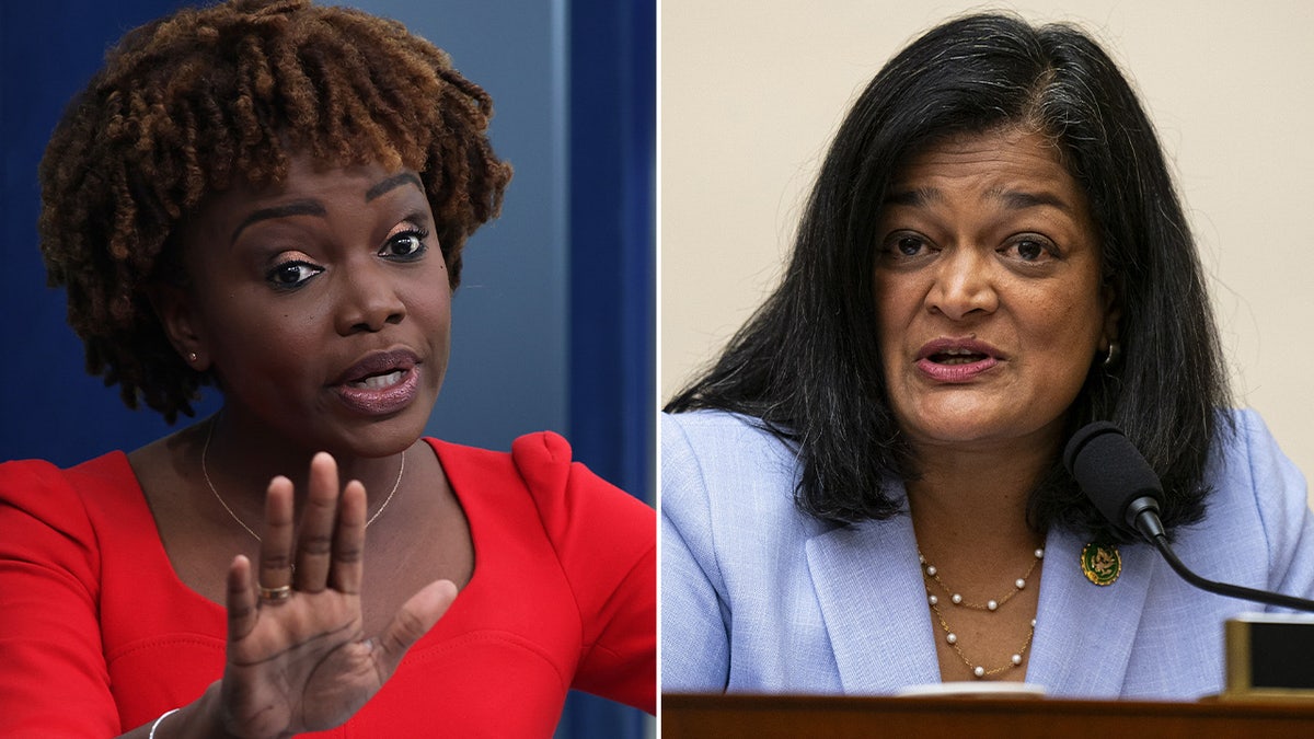 White House press secretary Karine Jean-Pierre, left, refused to condemn Rep. over her comments over the weekend.
