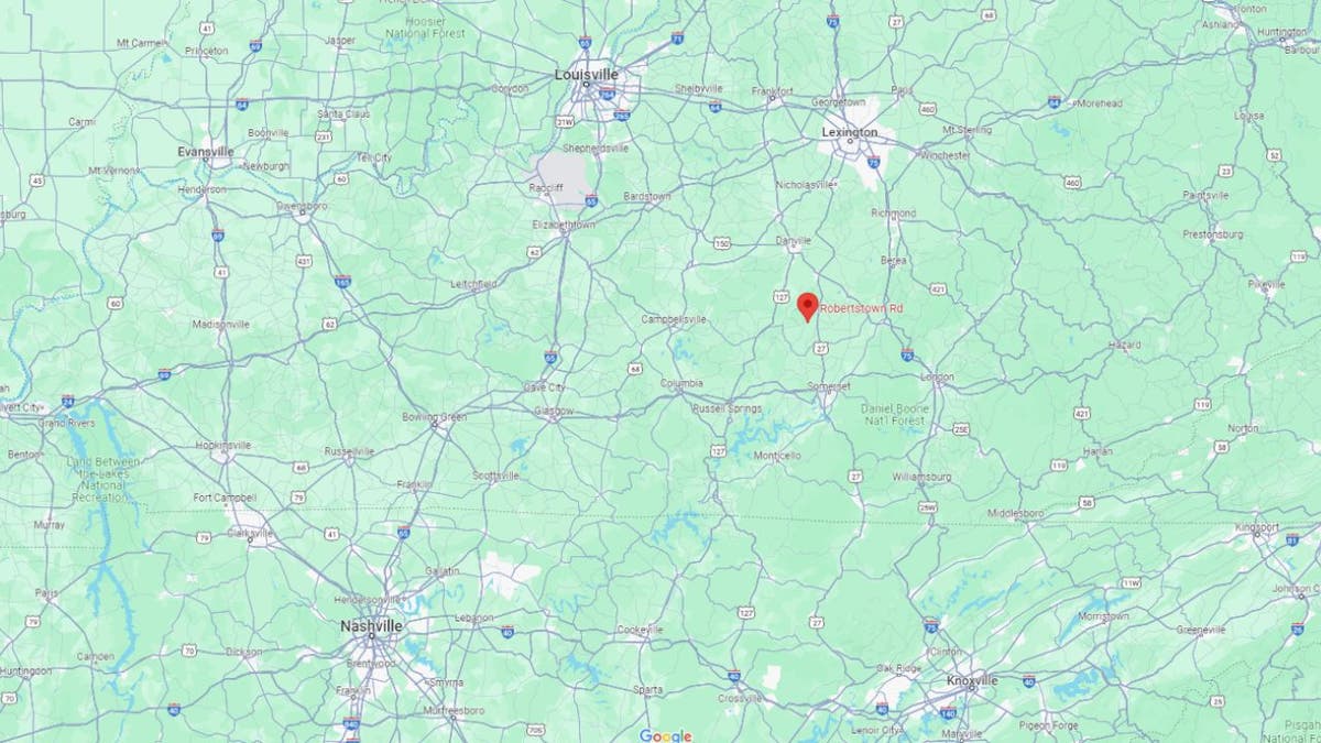 Un mapa que señala Robertstown Road, que está a unos 65 km al sur de Lexington.