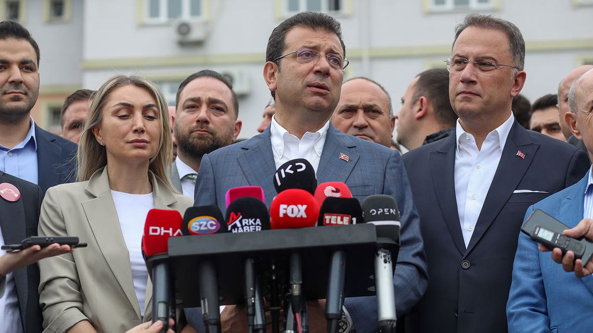 Turkish Mayor of Istanbul metropolitan municipality Ekrem Imamoglu speaks to media after casting his vote at a polling station on May 28, 2023, in Istanbul, Turkey. Imamoglu tweeted a security camera video of the crash, claiming that the "suspect left Turkey with his hands free," and accusing the government of "being too weak to defend the rights of its own citizens."
