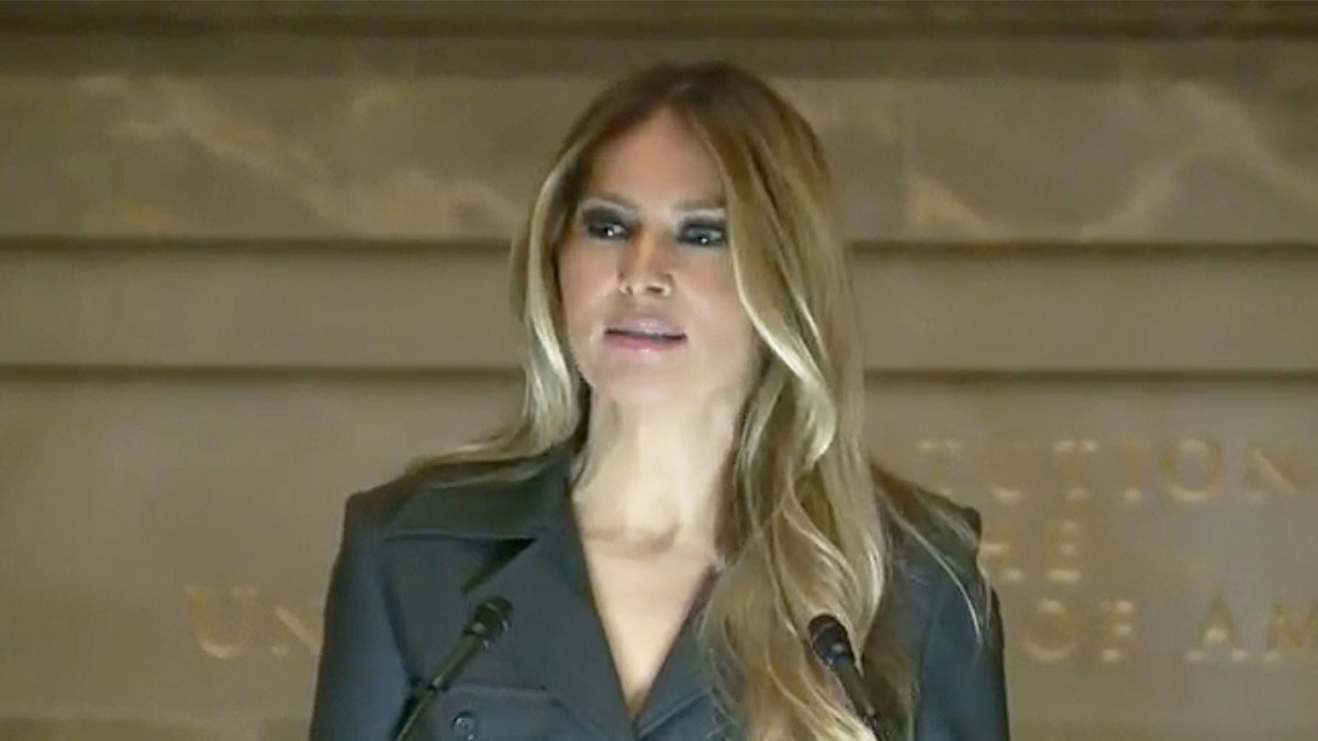 FILE – Former first Lady Melania Trump speaks at the National Archives Naturalization Ceremony.
