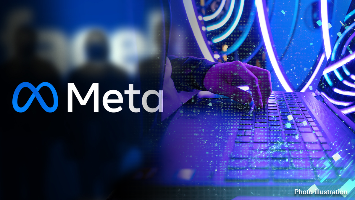 Meta logo, left; hand typing on keyboard, right