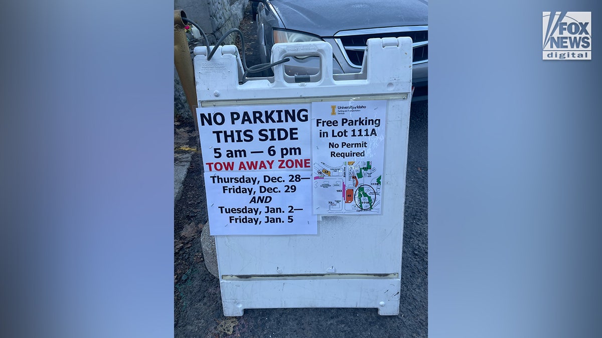A sign indicating that cars will be towed away from the home where four University of Idaho students were murdered last year is seen in Moscow, Idaho