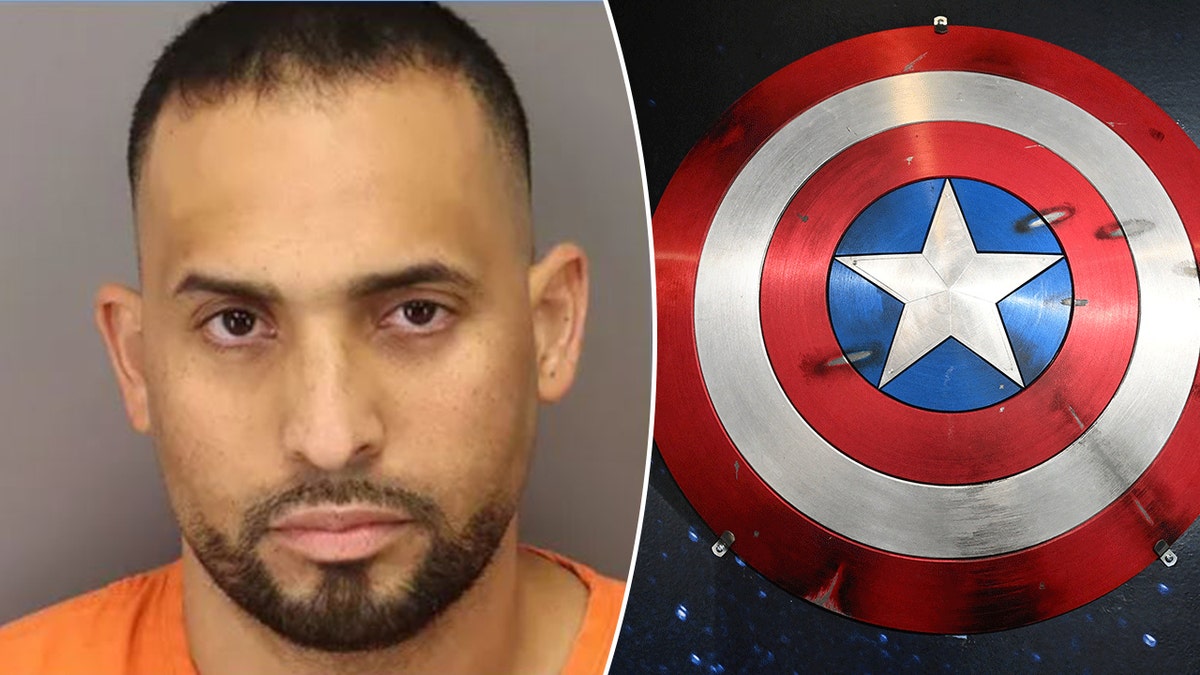 Mugshot of Baruch Roche III and the Captain America shield