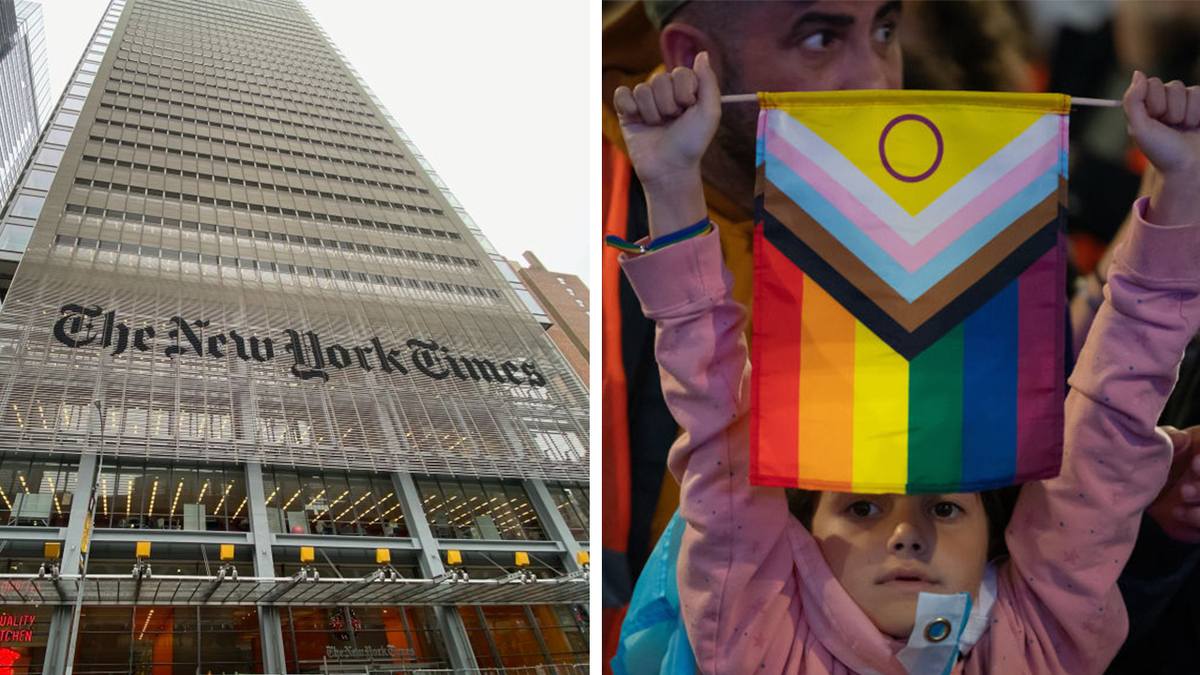 A photo of NYT HQ next to photo of child at a protest
