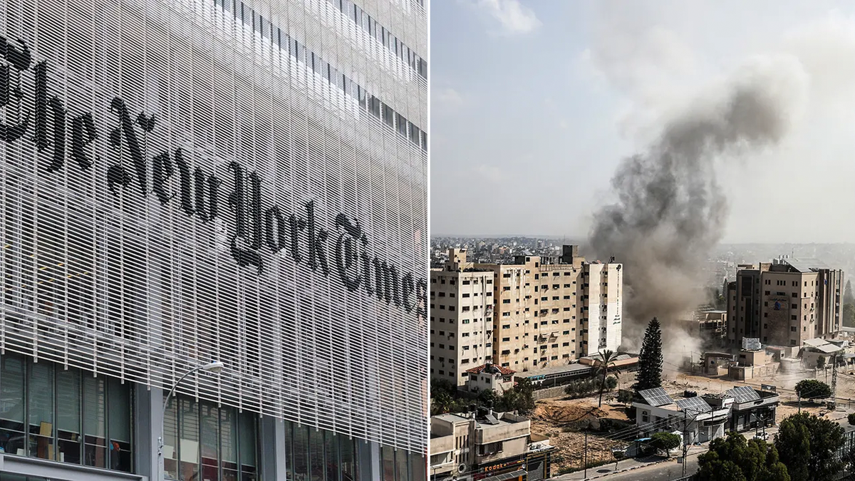 New York Times building and Gaza City split image