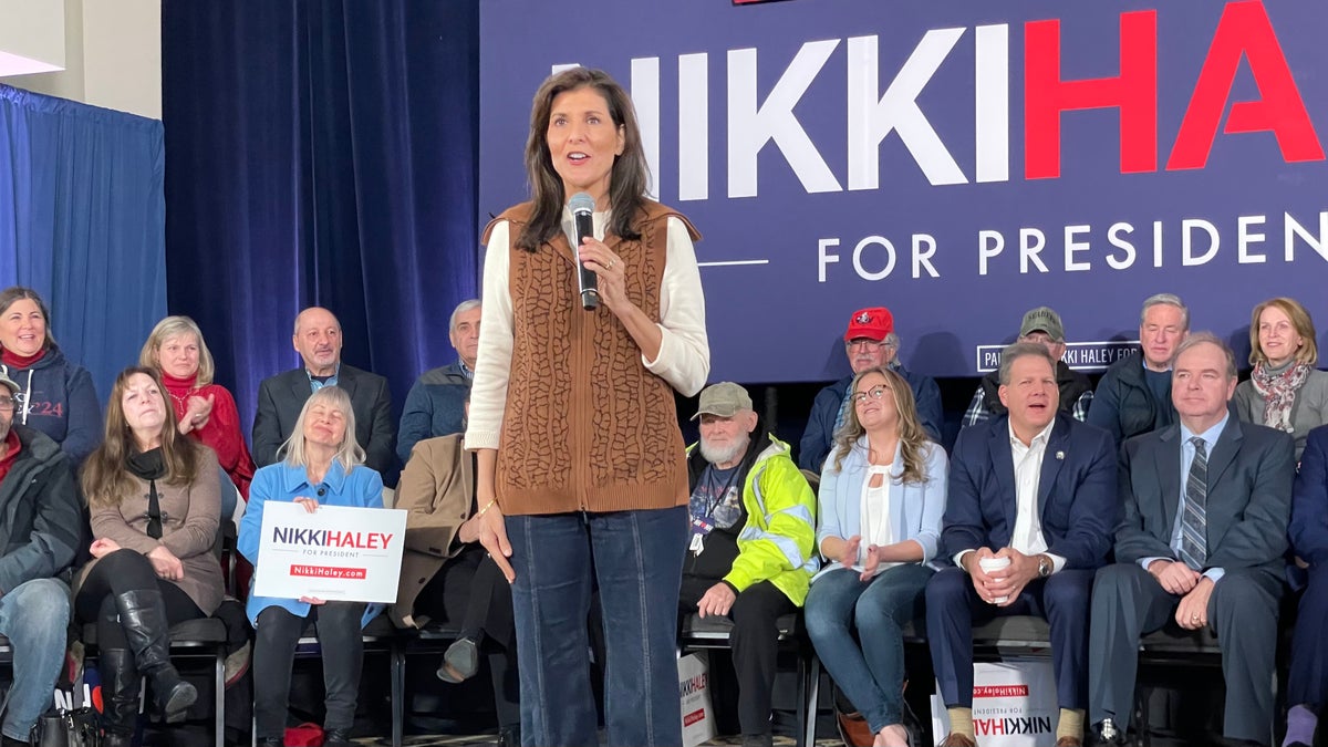 Former ambassador to the United Nations and former South Carolina Gov. Nikki Haley, a 2024 Republican presidential candidate, headlines a town hall in Atkinson, New Hampshire, on Dec. 14, 2023.