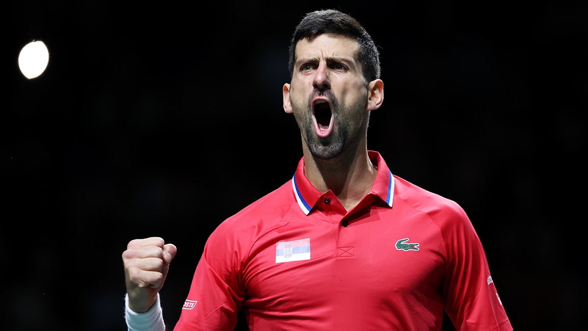 Novak Djokovic reacts on court
