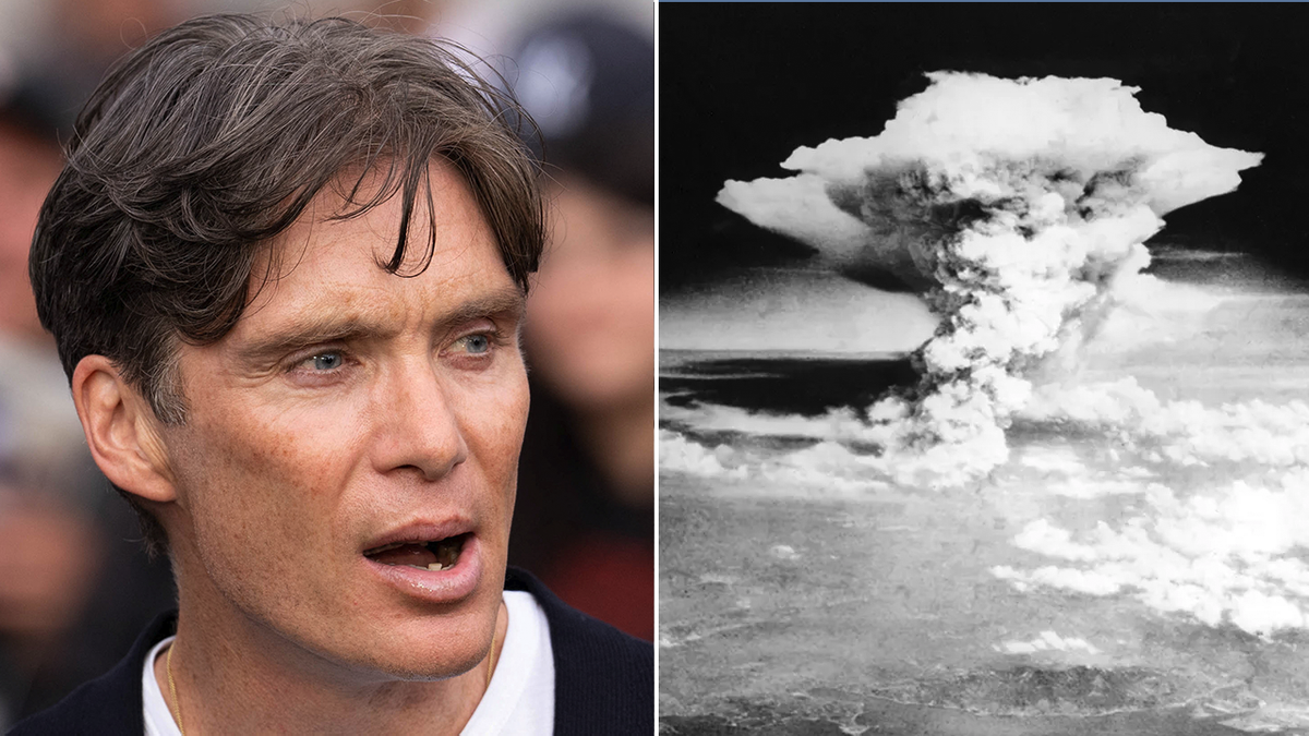 "Oppenheimer" star Cilian Murphy and the historical Hiroshima atomic bomb explosion split image