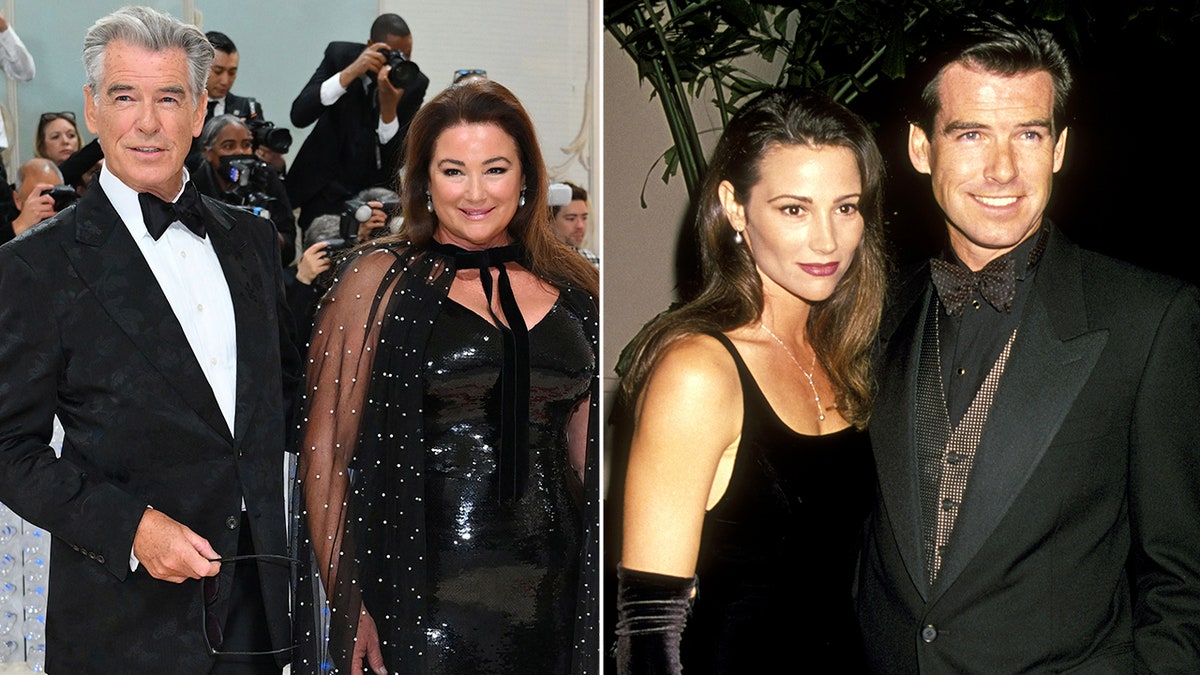 Pierce Brosnan and Keely Shaye Smith side by side from 2023 and 1994