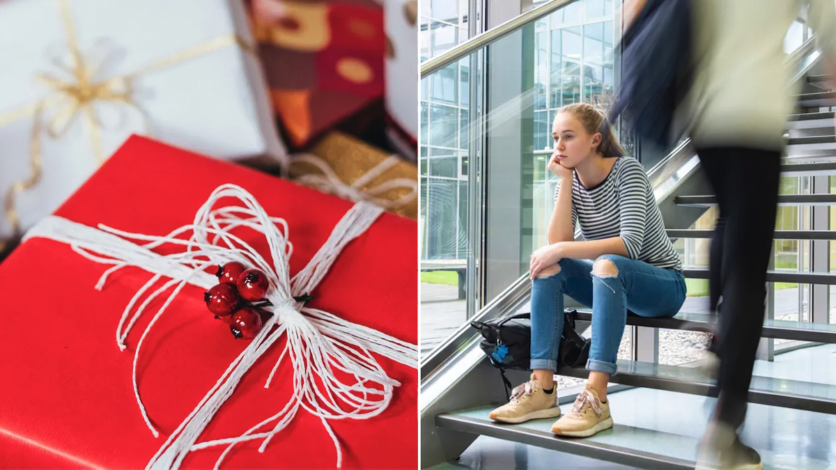 Christmas presents and student split image