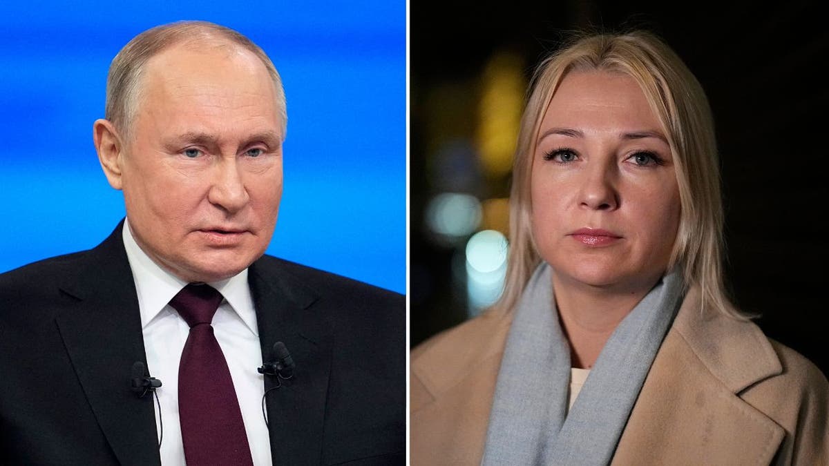 A collage of Russian President Vladimir Putin, left, and former journalist Yekaterina Duntsova, right.