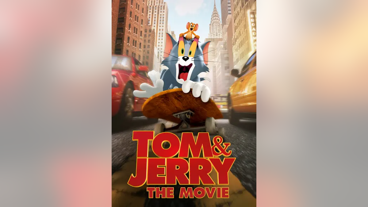 Movie poster of "Tom & Jerry" with cat on skateboard