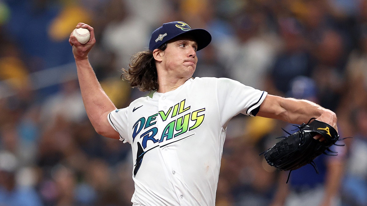 Tyler Glasnow of the Tampa Bay Rays pitches in the fifth inning against the Texas Rangers during Game 1 of a wild-card series at Tropicana Field Oct. 3, 2023, in St Petersburg, Fla.