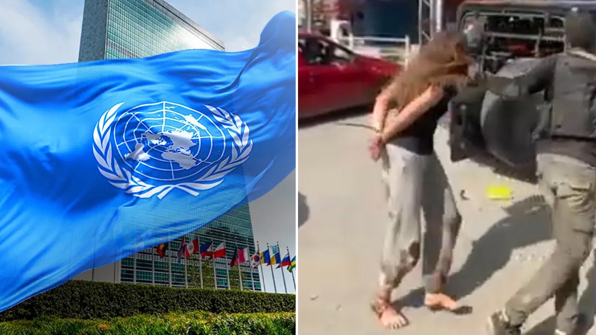 Imagem dividida de uma bandeira das Nações Unidas sobre o prédio das Nações Unidas, as costas de uma mulher sendo levada pelo Hamas