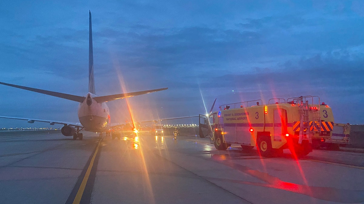 Emergency trucks seen near plane on runway