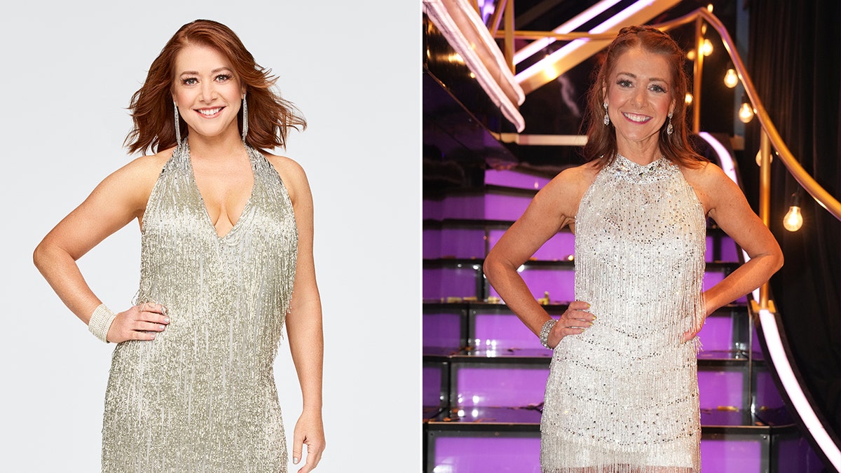 Alyson Hannigan in a sparkly fringe dress poses with her hand on her hip for DWTS split Alyson Hannigan on the set of DWTS" with both hands on hips in a different sparkly fringe dress
